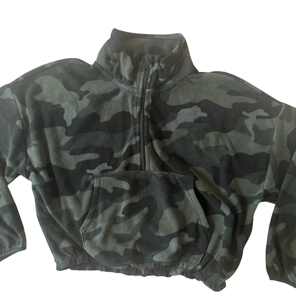 Old Navy‎ Girls Size M 8 Camo Fleece Sweatshirt Crop Green Pocket Quarter Zip
